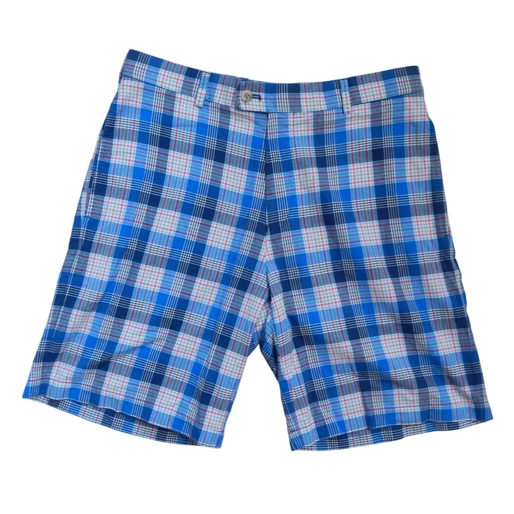 Peter Millar Mens Blue Plaid Cotton Golf Shorts Size 33 Flat Front Summer Tartan